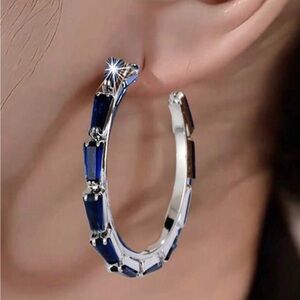 Blue Stone Hoop Earrings | Silver Tone | Copper Alloy | Elegant Statement Hoops
